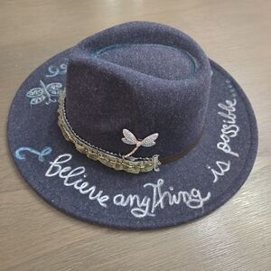 Goodfellow & Co Blue Gray Hat with Dragonfly Pin And Handpainted Designs